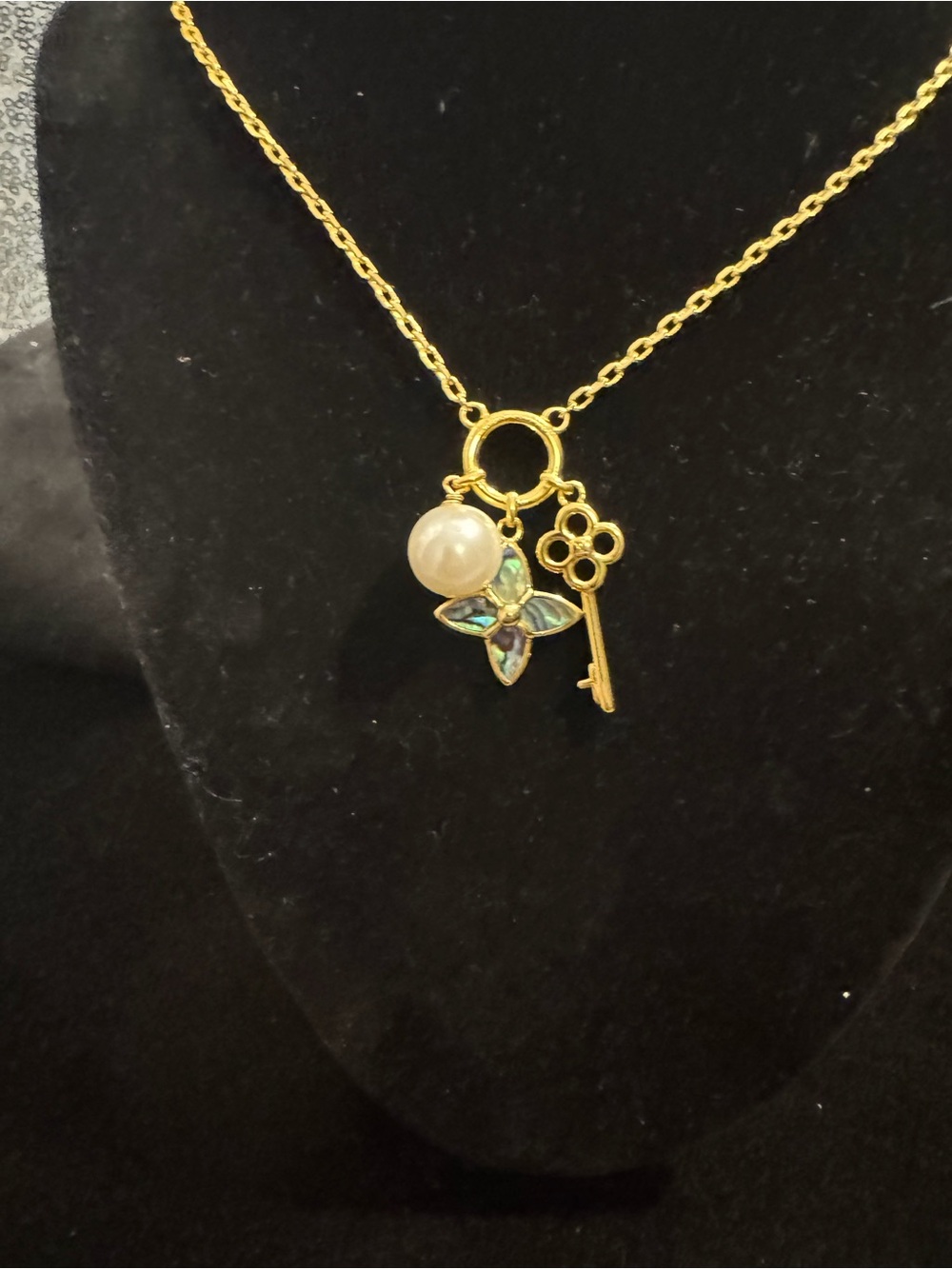 Louis Vuitton Damier Gold Key & Pearl Charm Necklace with Iridescent Flower - Picture 2 of 6